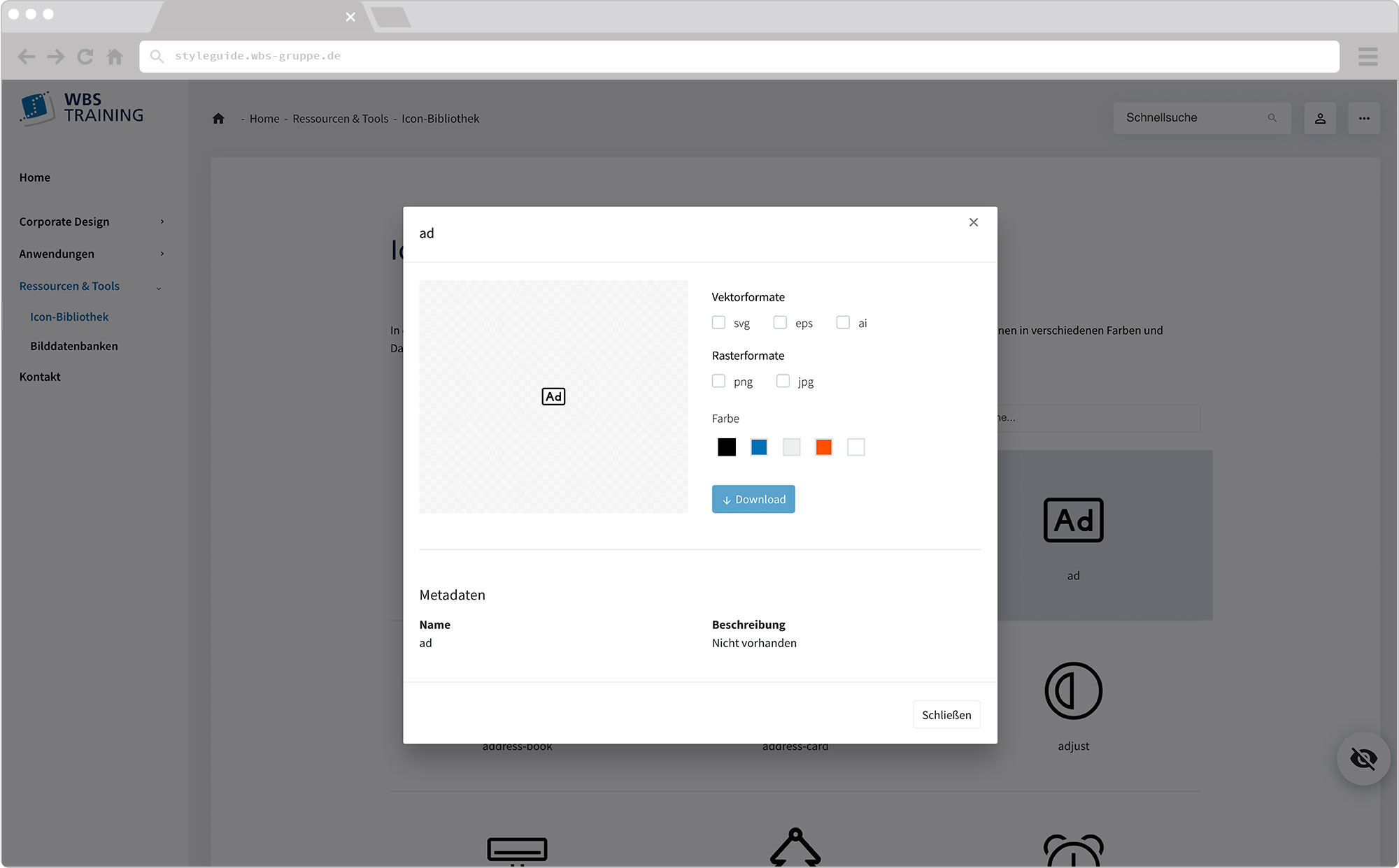 WBS Update 2021 / Slider, Screen wirHub Brand Manangement – Icon Bibliothek Export